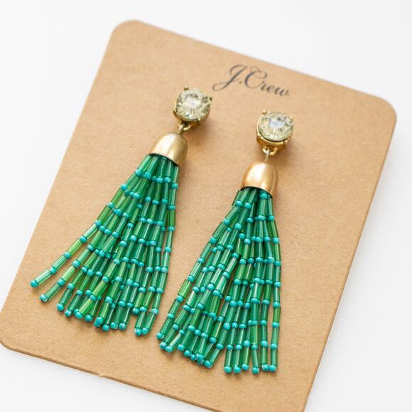 J.CREW Mixed Beaded Tassel Earrings Frosty Emerald Green - Picture 5 of 6